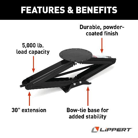 Lippert Manual 30" RV Scissor Jack Kit Compatible with 5th Wheels, Travel Trailers, Single Pack, 5,000 lb. Load Capacity, Anti Rust Coating, Universal Bolt-On Installation, Bow-Tie Base, Crank Handle - 285332