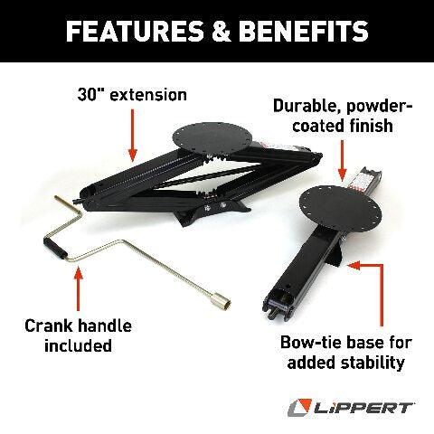 Lippert Components Manual 30" RV Scissor Jack Kit for 5th Wheels, Travel Trailers, Set of Two, 5,000 lb. Load Capacity, Anti Rust Coating, Universal Bolt-On Installation, Bow-Tie Base, Crank Handle - 285344