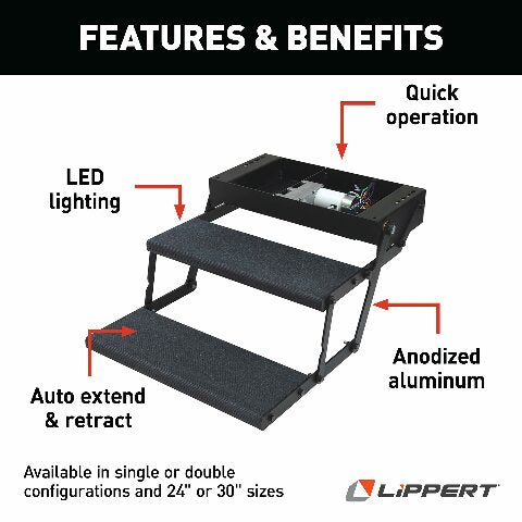 Lippert Components Tread Lite RV Power Steps - 24" Double Electric Foldout Step Configuration with LED Lighting, 8.5" Rise and Depth, Anti-Slip Coated Stepping Surface, Automatically Retracts - 353543