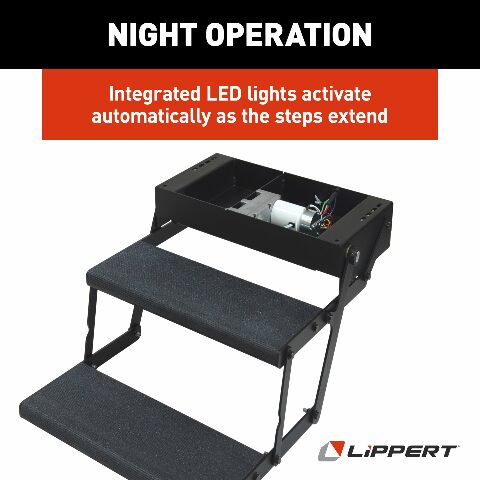 Lippert Components Tread Lite RV Power Steps - 24" Double Electric Foldout Step Configuration with LED Lighting, 8.5" Rise and Depth, Anti-Slip Coated Stepping Surface, Automatically Retracts - 353543