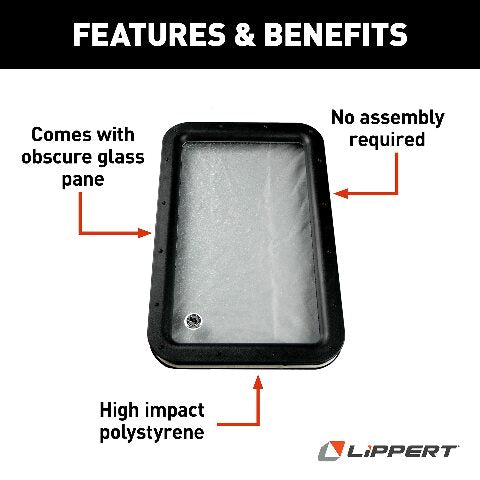 Lippert Components Inner & Outer Replacement Window Frame with Seal, Glass Compatible with Raidus RV Entry Doors, 12" x 21", Obscure Pane, No Assembly Required, Easy DIY Installation, High Impact Polystyrene, Black - 363370