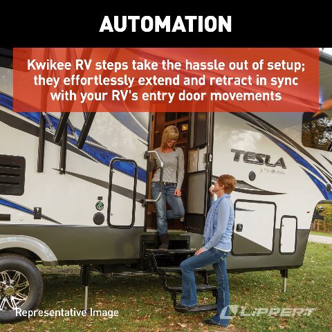 Kwikee 26 Series Electric Step Assembly, Logic Control Unit, Power Switch Kit Compatible with RV, Travel Trailers, Hidden Light, 8.5" Step Rise, Anti-Slip Surface, 12V DC Motor, Steel Construction - 3711363