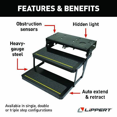 Kwikee 34 Series Electric Step Assembly, Logic Control Unit, Power Switch Kit Compatible with RV, Travel Trailers, Hidden Light, 8.5" Step Rise, Anti-Slip Surface, 12V DC Motor, Steel Construction - 3722862