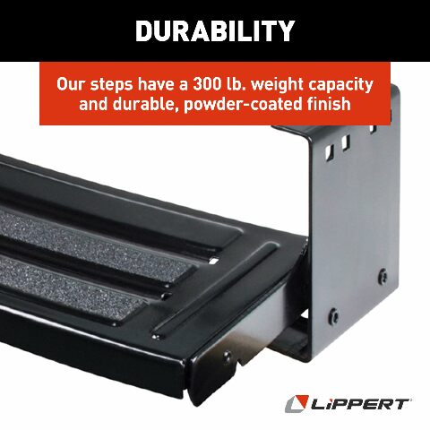 Lippert Components Radius 24" Single Manual RV Step Assembly, 300 lbs. Anti-Slip Steps, Compact One-Hand Expand or Collapse, Black Powder Coat, Travel Trailers, 5th Wheels, Campers - 432678