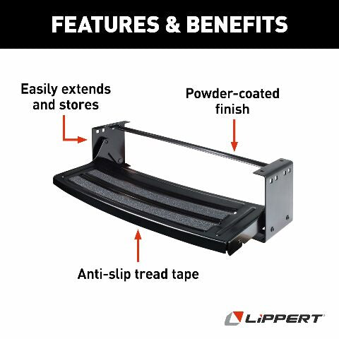 Lippert Components Radius 24" Single Manual RV Step Assembly, 300 lbs. Anti-Slip Steps, Compact One-Hand Expand or Collapse, Black Powder Coat, Travel Trailers, 5th Wheels, Campers - 432678