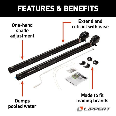 Solera 69 in. Hybrid Universal RV Awning Arms Hardware Kit, Easy to Install, Two-Position Pitch, Auto Rain Dump, Crank Wand, Installation Hardware Included, Simple One-Step Setup, Black - 434727