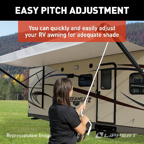 Solera 69 in. Hybrid Universal RV Awning Arms Hardware Kit, Easy to Install, Two-Position Pitch, Auto Rain Dump, Crank Wand, Installation Hardware Included, Simple One-Step Setup, Black - 434727