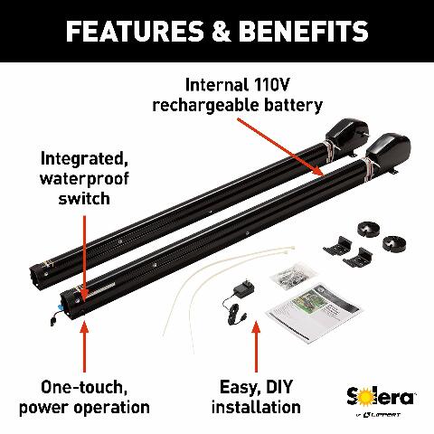 Solera 18V RV Awning Arms & Hardware Kit - 69" Black — Rechargeable - Universal Compatible with Easy Pitch Adjustment - Waterproof Switch - Time-Saving Operation - Includes 110V Charging Kit — 434729