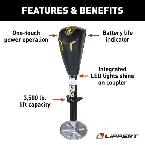Lippert Smart Jack One-Touch Automatic Power Electric Trailer A-Frame Tongue, 3,500 lbs. Auto-Hitch Memory, Integrated LED Lights, Backlit Controls, Battery Indicator, Quiet - 643589