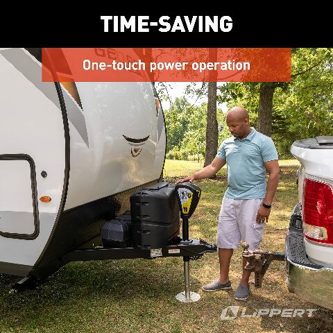 Lippert Smart Jack One-Touch Automatic Power Electric Trailer A-Frame Tongue, 3,500 lbs. Auto-Hitch Memory, Integrated LED Lights, Backlit Controls, Battery Indicator, Quiet - 643589
