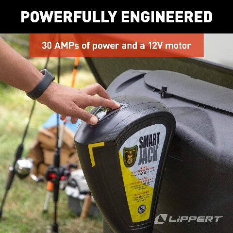 Lippert Smart Jack One-Touch Automatic Power Electric Trailer A-Frame Tongue, 3,500 lbs. Auto-Hitch Memory, Integrated LED Lights, Backlit Controls, Battery Indicator, Quiet - 643589