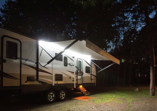 Solera RV Awning Fabric White LED Light Kit with Switch and Plate for 10’-15’ Awnings, Cut-to-fit, Flexible Black Plastic Strip with Lights, Integrated Cord, Visible Extended or Retracted - 674282