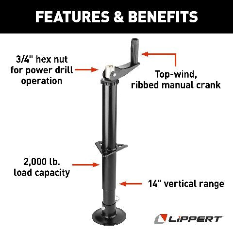 Lippert Quick Drop Tongue Jack Compatible with A-Frame Travel, Cargo, and Utility Trailers or 5th Wheel RVs, Black