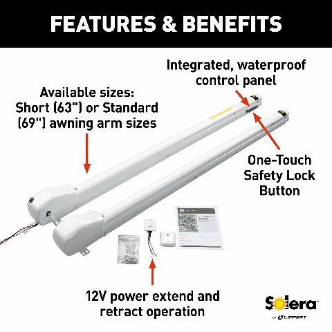 Solera 12V Smart Arm Awning Hardware Kit Compatible with 5th Wheel RVs and Travel Trailers - Standard - White