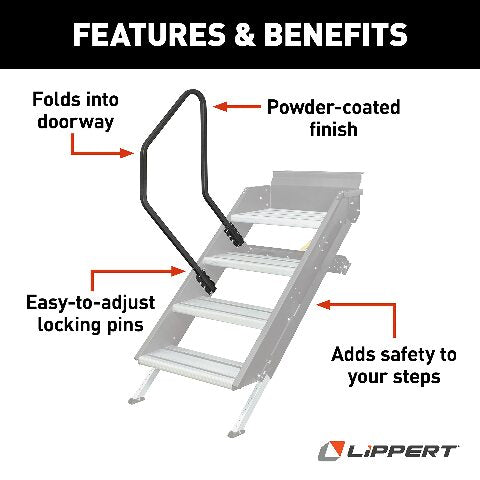 Lippert Solid Step Entry Assist Handrail, Accommodates Door Widths up to 36”, Easy Installation, Locking Pins Compatible with 5” Adjustment, Compatible with 5th Wheel RVs, Travel Trailers, Motorhomes - 799640, Black