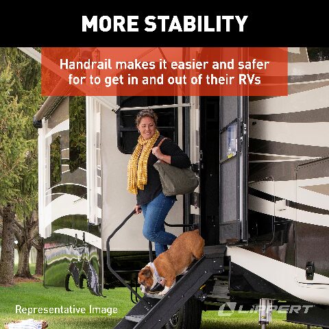 Lippert Solid Step Entry Assist Handrail, Accommodates Door Widths up to 36”, Easy Installation, Locking Pins Compatible with 5” Adjustment, Compatible with 5th Wheel RVs, Travel Trailers, Motorhomes - 799640, Black