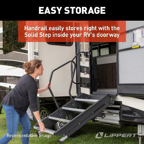 Lippert Solid Step Entry Assist Handrail, Accommodates Door Widths up to 36”, Easy Installation, Locking Pins Compatible with 5” Adjustment, Compatible with 5th Wheel RVs, Travel Trailers, Motorhomes - 799640, Black