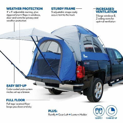 Napier Sportz Truck Tent | Pickup Truck Bed Camping Tent | Full Rainfly | Sturdy and Spacious 2-Person Truck Tent | Easy 15-Minute Setup | Blue/Gray