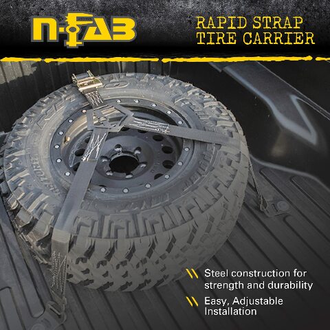 RealTruck Rapid Strap Truck Bed Tire Carrier | Gloss Black, Black Strap, Solid Welded Construction | BM1TSBK | Universal