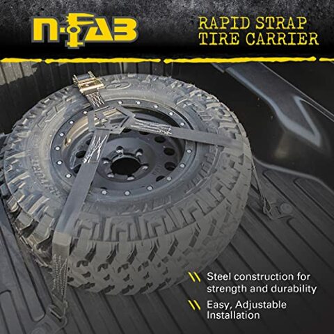 RealTruck Rapid Strap Truck Bed Tire Carrier | Gloss Black, Black Strap, Solid Welded Construction | BM1TSBK | Universal