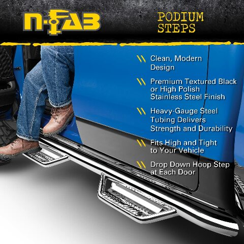 RealTruck Podium SS Steps Compatible with Jeep Wrangler JKU | Wheel-to-Wheel, Stainless Steel, Polished | HPJ0764-SS | Compatible with Jeep Wrangler JKU, 4 Door All, SRW Gas. 2007-2018