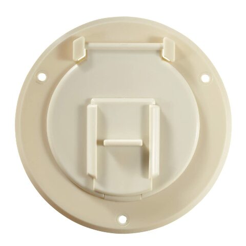 RV Designer B122, Round Electrical Cable Hatch, Basic, Replaceable Lid, 4.3 inch Diameter, Colonial White