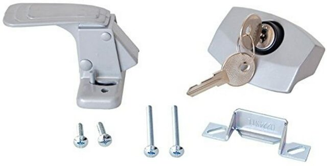 RV Designer E311, Camper Trailer RV Door Latch with Lock, Entry Door Hardware , Gray