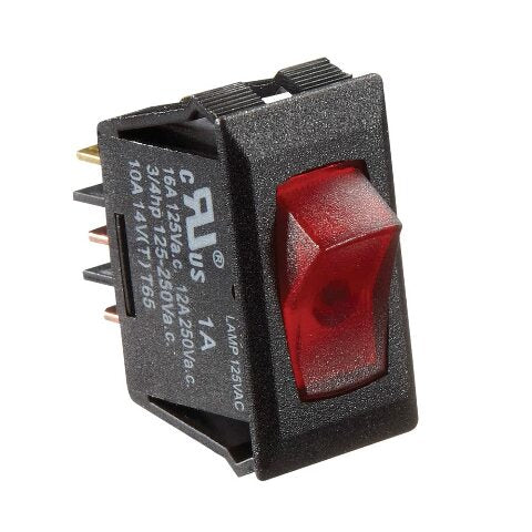 RV Designer S245, Rocker Switch, 125 VAC, Illuminated, On/Off, SPST, Black w/Red, DC Electrical