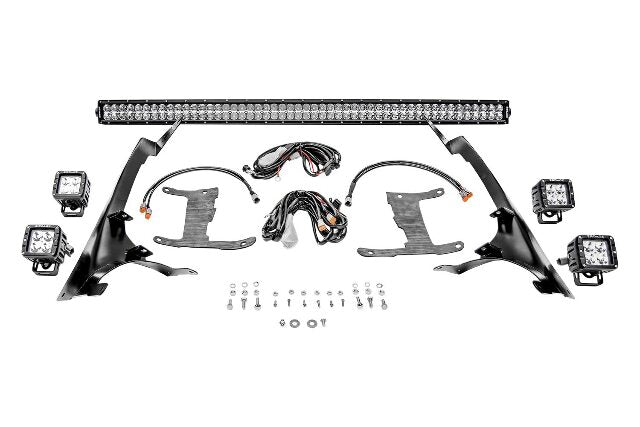 Jeep JL, Gladiator Front Roof LED Bracket to mount (1) 50 or 52 Inch Straight LED Light Bar and (4) 3 Inch LED Pod Lights - PN #Z374831-BK4