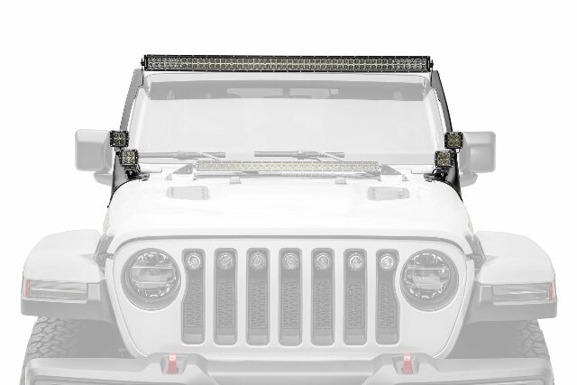 Jeep JL, Gladiator Front Roof LED Bracket to mount (1) 50 or 52 Inch Straight LED Light Bar and (4) 3 Inch LED Pod Lights - PN #Z374831-BK4
