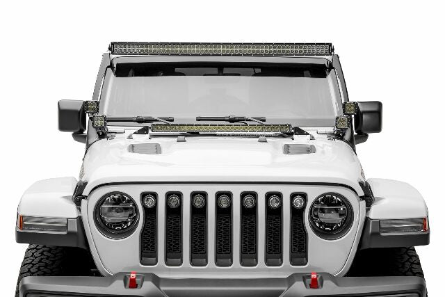 Jeep JL, Gladiator Front Roof LED Bracket to mount (1) 50 or 52 Inch Straight LED Light Bar and (4) 3 Inch LED Pod Lights - PN #Z374831-BK4