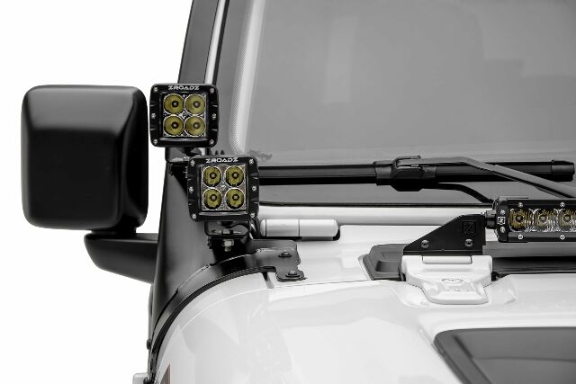 Jeep JL, Gladiator Front Roof LED Bracket to mount (1) 50 or 52 Inch Straight LED Light Bar and (4) 3 Inch LED Pod Lights - PN #Z374831-BK4
