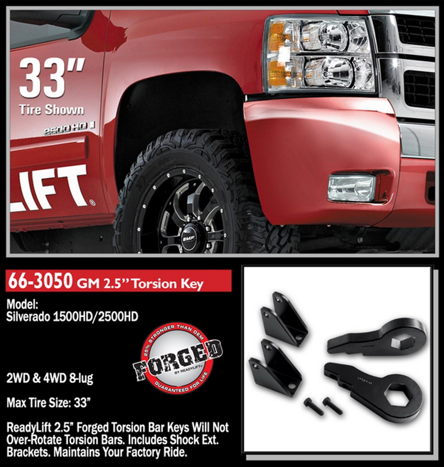 Readylift 66-3050 2.5" Front Leveling Kit W/ Forged Torsion Key - GM Full-Size Truck SUV 2000-2012, Black, For Tires Up to 33"