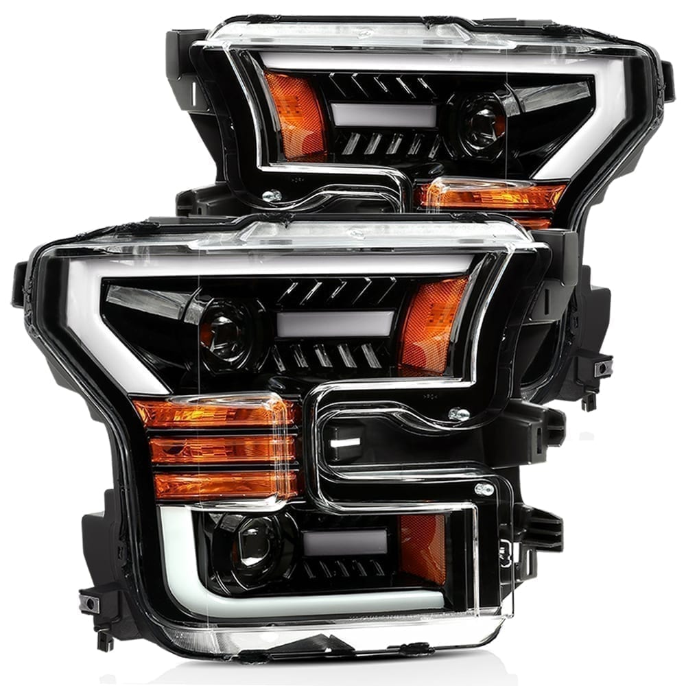 For 15-17 Ford F-150 17-20 Ford F-150 Raptor Projector Headlights Plank Style Design Gloss Black w/ Activation Sequential Signal