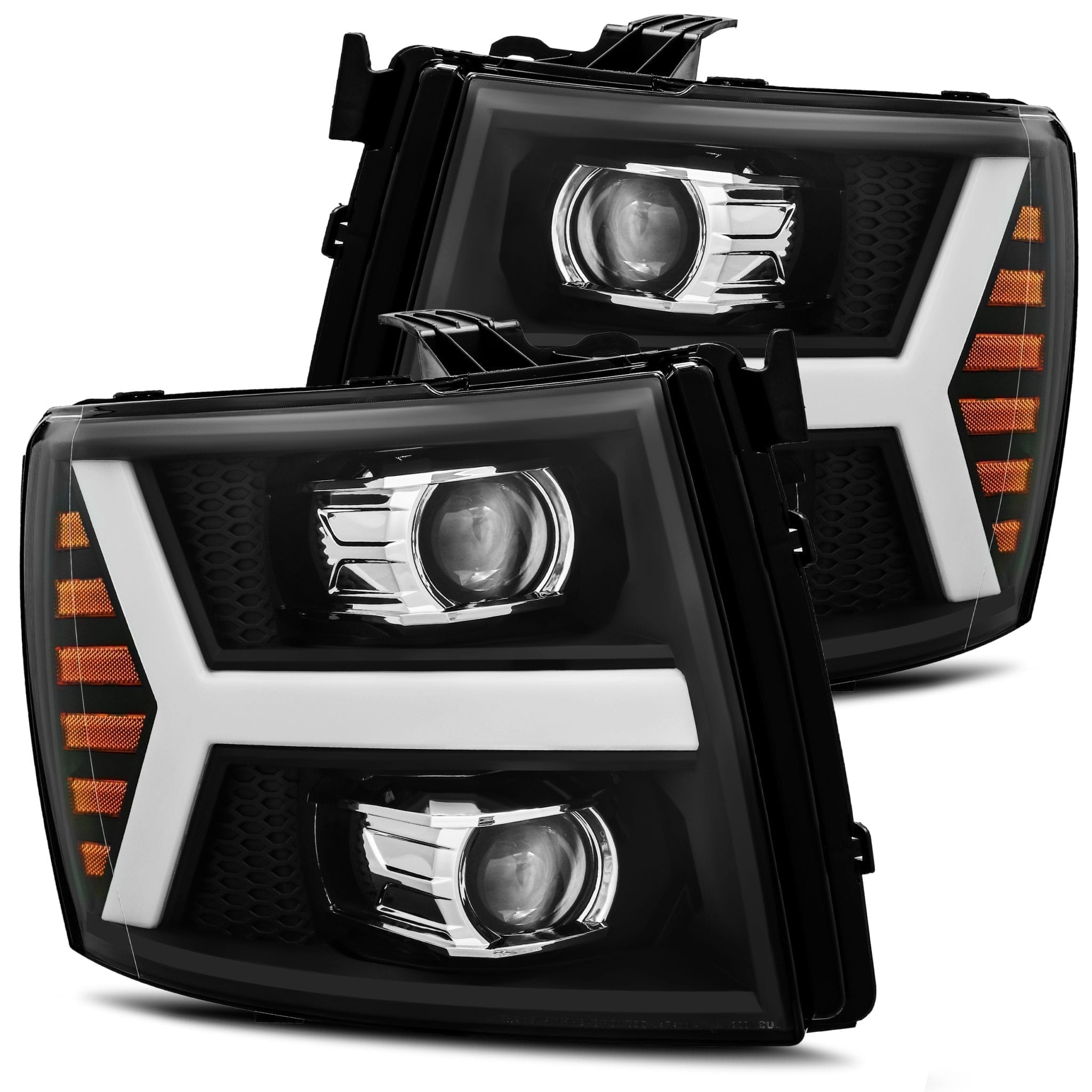 For 07-13 Chevrolet Silverado Projector Headlights Plank Style Design Matte Black w/ Activation Sequential Signal