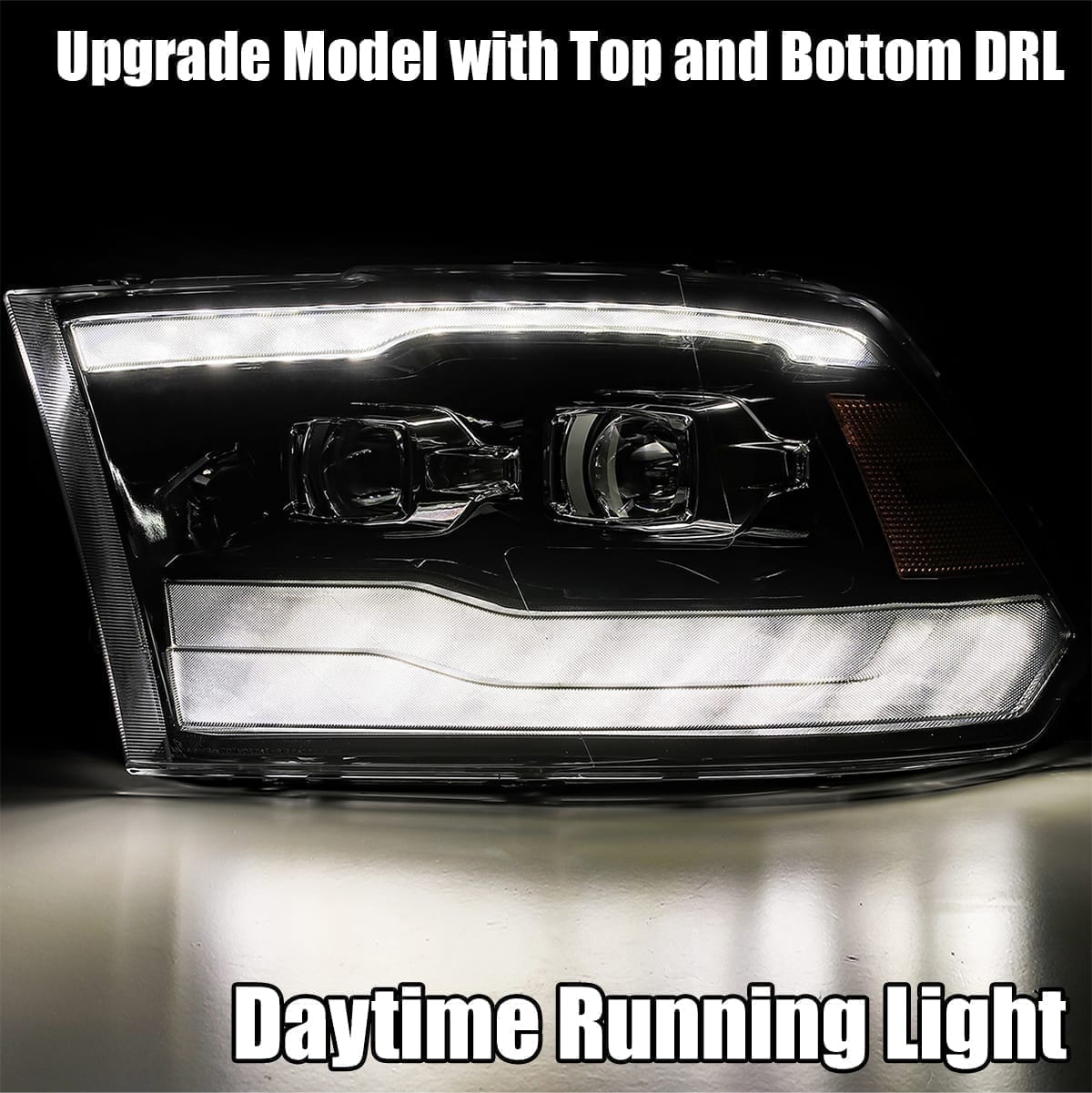 For 09-18 Ram Truck Projector Headlights Plank Style Design Chrome w/ Sequential Signal, Top/Bottom DRL