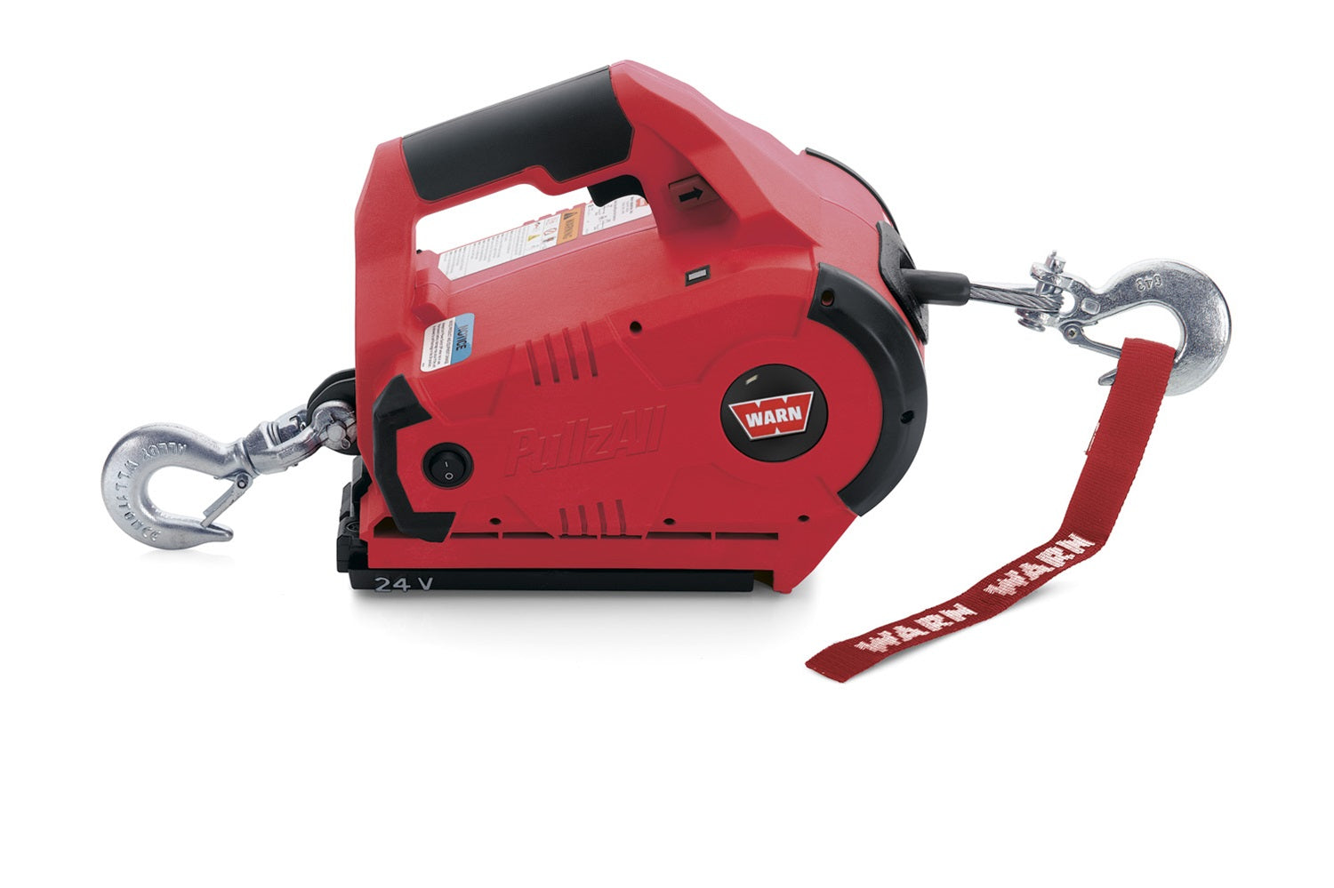 WARN 885005 PullzAll Cordless 24V DC Portable Electric Winch with Steel Cable and 2 Rechargeable Battery Packs: 1/2 Ton (1,000 lb) Pulling Capacity, red