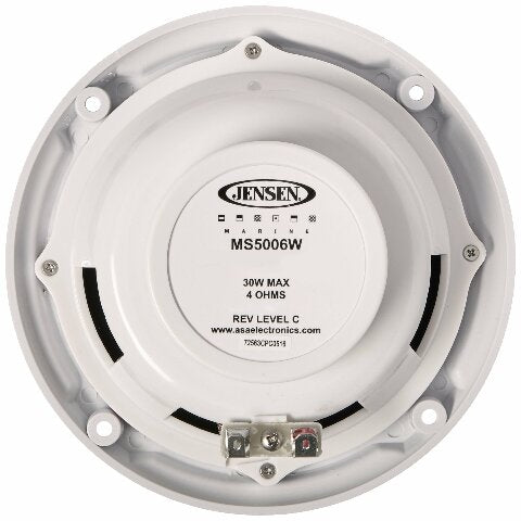 Jensen MS5006WR Dual Cone Waterproof 5.25" Speaker, White, 30 Watts Max Power Handling, Sensitivity 86dB, Frequency Response 79Hz-20kHz, Nominal Impedance 4 Ohms, 1.5" Mounting Depth, Sold In Pairs