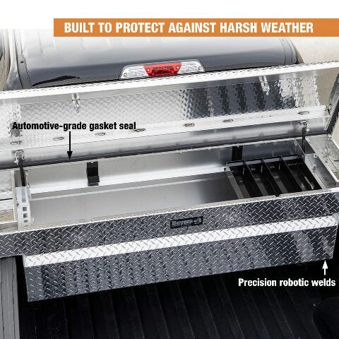 Buyers Products Crossover Truck Tool Box, Heavy Duty Saddle Cargo Bed Organizer Compatible with Equipment Accessories Storage, Metal Diamond Tread Aluminum, 71x20x18, Silver, 1709410