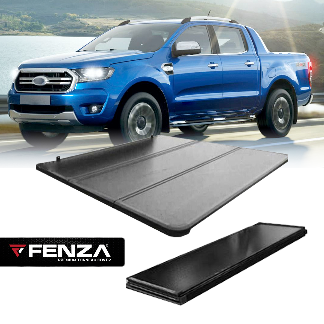 Close-up of premium black tri-fold tonneau cover surface