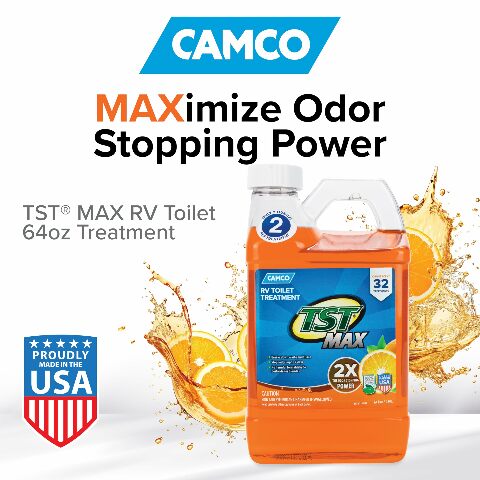 Camco TST MAX Camper/RV Toilet Treatment - Features Septic Safe Formula & Stops Odors Up to 7 Days – Orange Scent, 64 oz (41195)