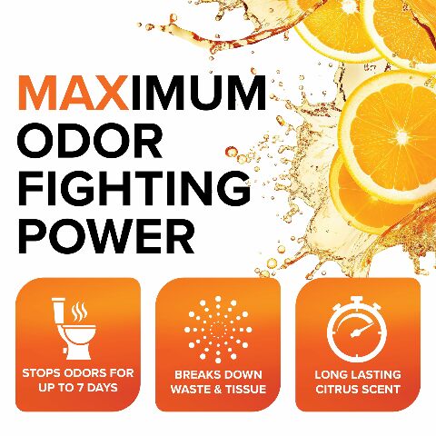 Camco TST MAX Camper/RV Toilet Treatment - Features Septic Safe Formula & Stops Odors Up to 7 Days – Orange Scent, 64 oz (41195)