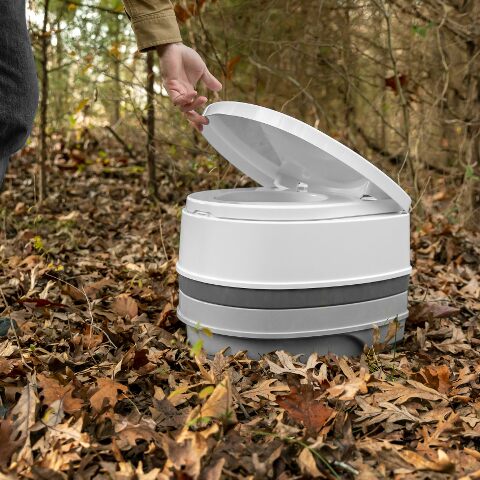 Camco Premium Portable Travel Toilet - 2.6 gallon - Three Directional Flush and Swivel Dumping Elbow (41535)