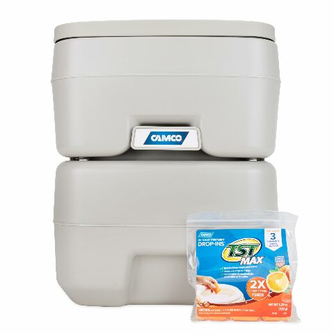 Camco 5.3-Gallon Portable Travel Toilet - Features Detachable Holding Tank w/Sealing Slide Valve & Bellow-Type Flush - Easy Transport w/Compact Lightweight Design & Carry Handle - Gray (41541)