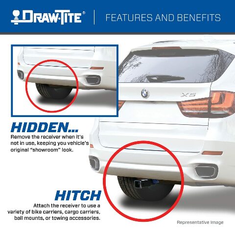Draw-Tite 76910 Hidden Hitch® Completely Hidden Trailer Hitch 2 in. Removable Receiver, Black, Compatable with 2020-2022 Ford Explorer, 2020-2023 Lincoln Aviator