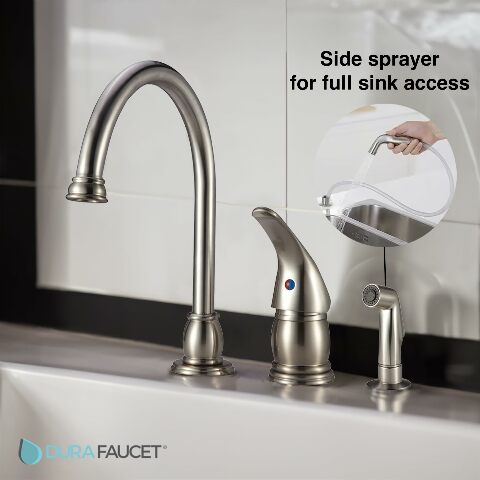 Dura Faucet DF-NMK301-SN RV Gooseneck Kitchen Sink Faucet with Matching Side Sprayer (Brushed Satin Nickel)