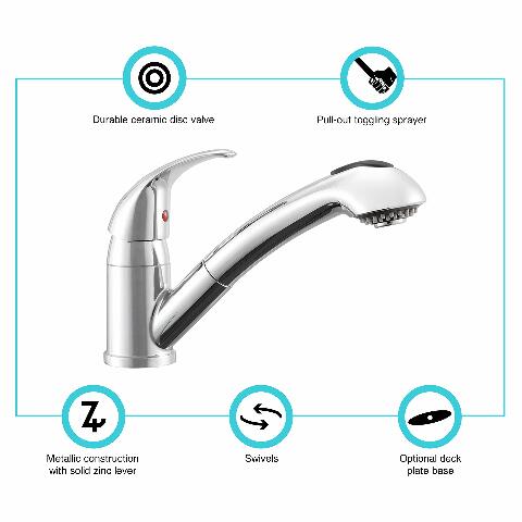 Dura Faucet DF-NMK852-CP RV Pull-Out Swivel Single Handle Kitchen Sink Faucet - One-Hole (Chrome)