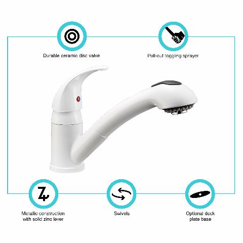 Dura Faucet DF-NMK852-WT RV Pull-Out Swivel Single Handle Kitchen Sink Faucet - One-Hole (White)