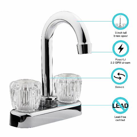 Dura Faucet DF-PB150A-CP RV Swivel Bar Faucet with Clear Acrylic 2-Knobs - 6-inch Spout (Chrome)