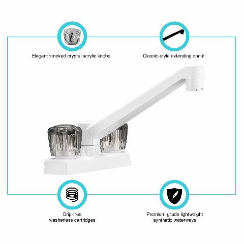 Dura Faucet DF-PK640S-WT RV Swivel Kitchen, Galley, or Bar Faucet with Smoked Acrylic Knobs (White)
